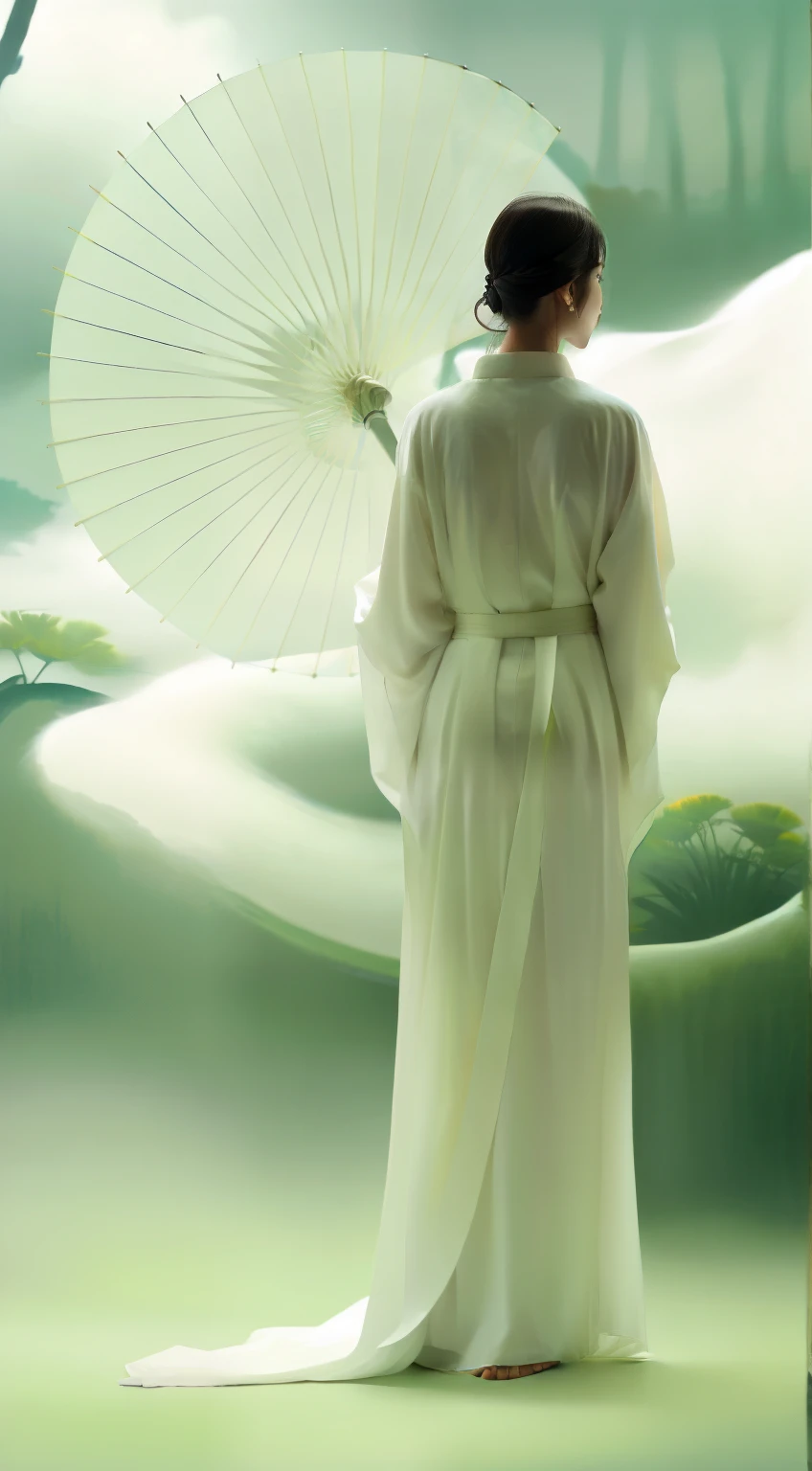 A person in the painting is wearing a white dress、woman holding white umbrella, white hanfu, flowing robe, flowing white robe, hanfu, white robe, Inspired by Uemura Matsuen, Long and beautiful flowing kimono, flowing magic robe, Inspired by Song Huizong, flowing robe, white clothes, flowing robes