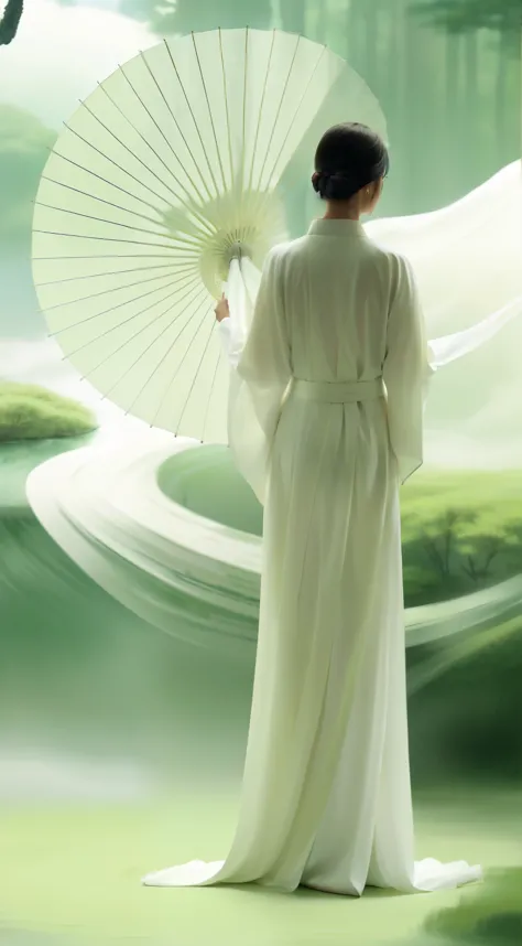 A person in the painting is wearing a white dress、woman holding white umbrella, white hanfu, flowing robe, flowing white robe, h...