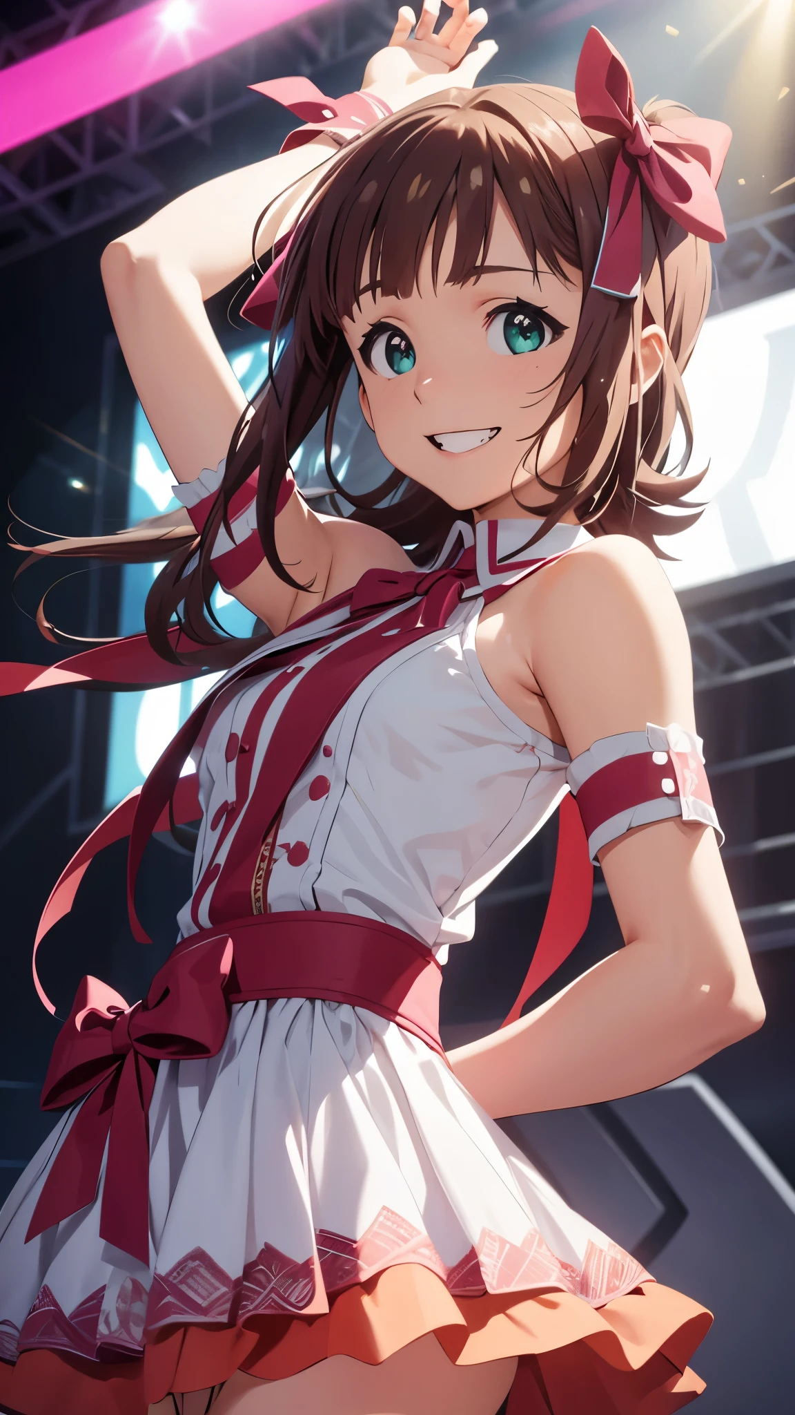 CG, unity, 8k, wallpaper, highest quality, masterpiece, 1girl, cheerful girl, 17-year-old, haruka amami, singing, open your mouth wide, idol pose, (bright smile: 1.2), Small symmetrical ribbons on each side of the head, best lighting, complex pupils, complex textile, on the shining stage, she is the best idol