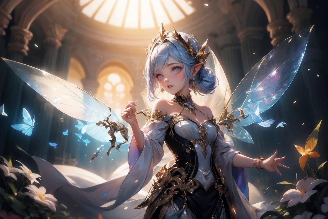 masterpiece, 1 fairy, Flying female fairy, perfect face, Light, glass tree forest, dramatic lie,  blindfolded, Super detailed, floating glow Lights, depth of field, (shining dust)