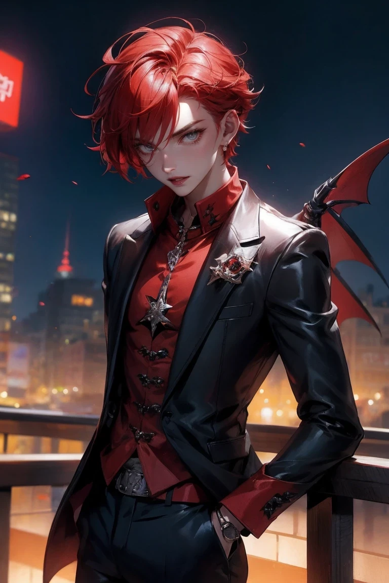 anime character Red hair and a black jacket, Red hair, anime handsome guy, Male anime characters, 1 boy, alone, Zhou Wang Meiqin, k items, (((vampire))), crazy, malkavia, city in background, (night), giggle, Cowboy shooting, dynamic lighting