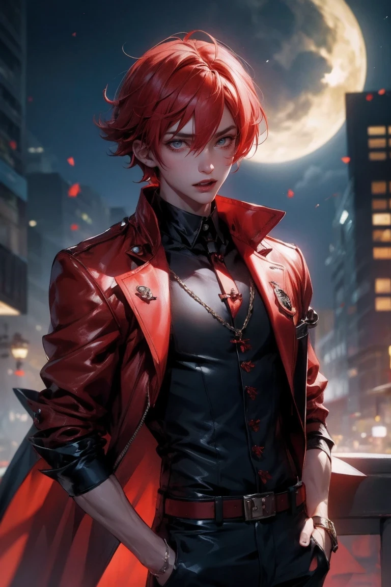 A man with red hair and a red jacket standing in front of a city - SeaArt AI