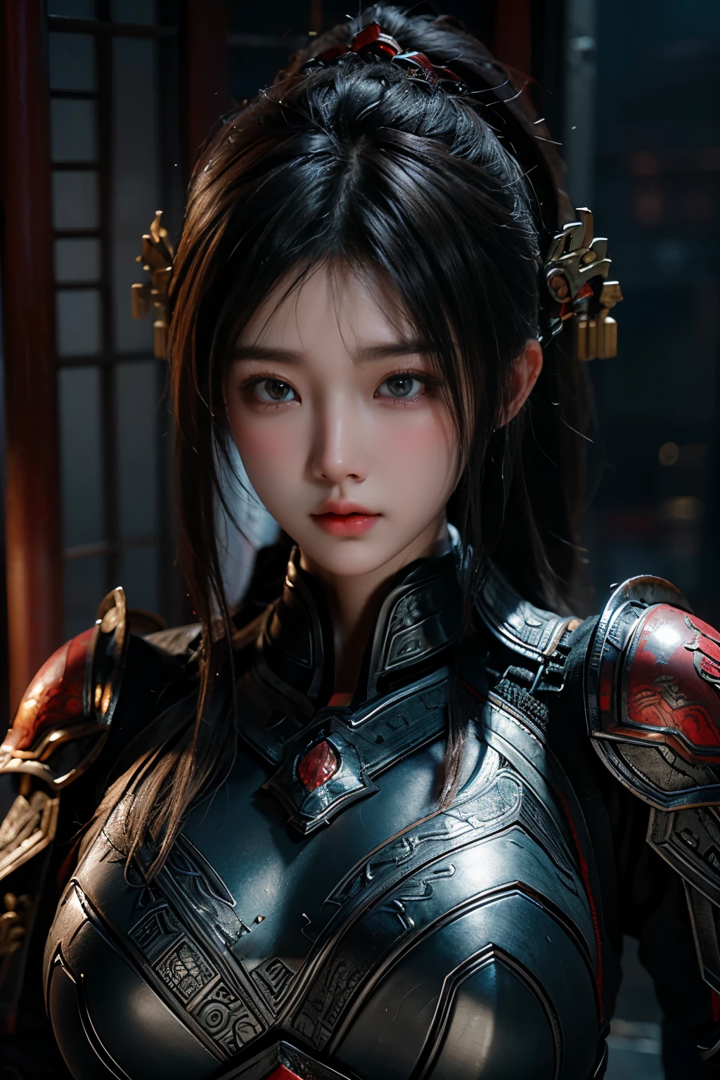 傑作,ゲームアート,最高の画質,最高解像度,8k,(肖像画),Unreal Engine 5のレンダリング作業,(デジタル写真),
女の子,美しい瞳,(徐々に短くなる髪は青と赤),巨乳,(巨乳),(肖像画 photography:1.5),
(唐代の騎士道精神にあふれた女性),カジュアルなヘアスタイル,繊細な顔,(豊かな胸,巨乳),深刻な,クールでエレガント,(古代中国の衣服の特徴と組み合わせた戦闘用鎧を着用,複雑なパターン,神秘の光,中空の鎧),(赤と黒),古代ファンタジー風のキャラクター 映画のライト，レイトレーシング，ゲームCG，((3D アンリアルエンジン))，oc レンダリング反射テクスチャ