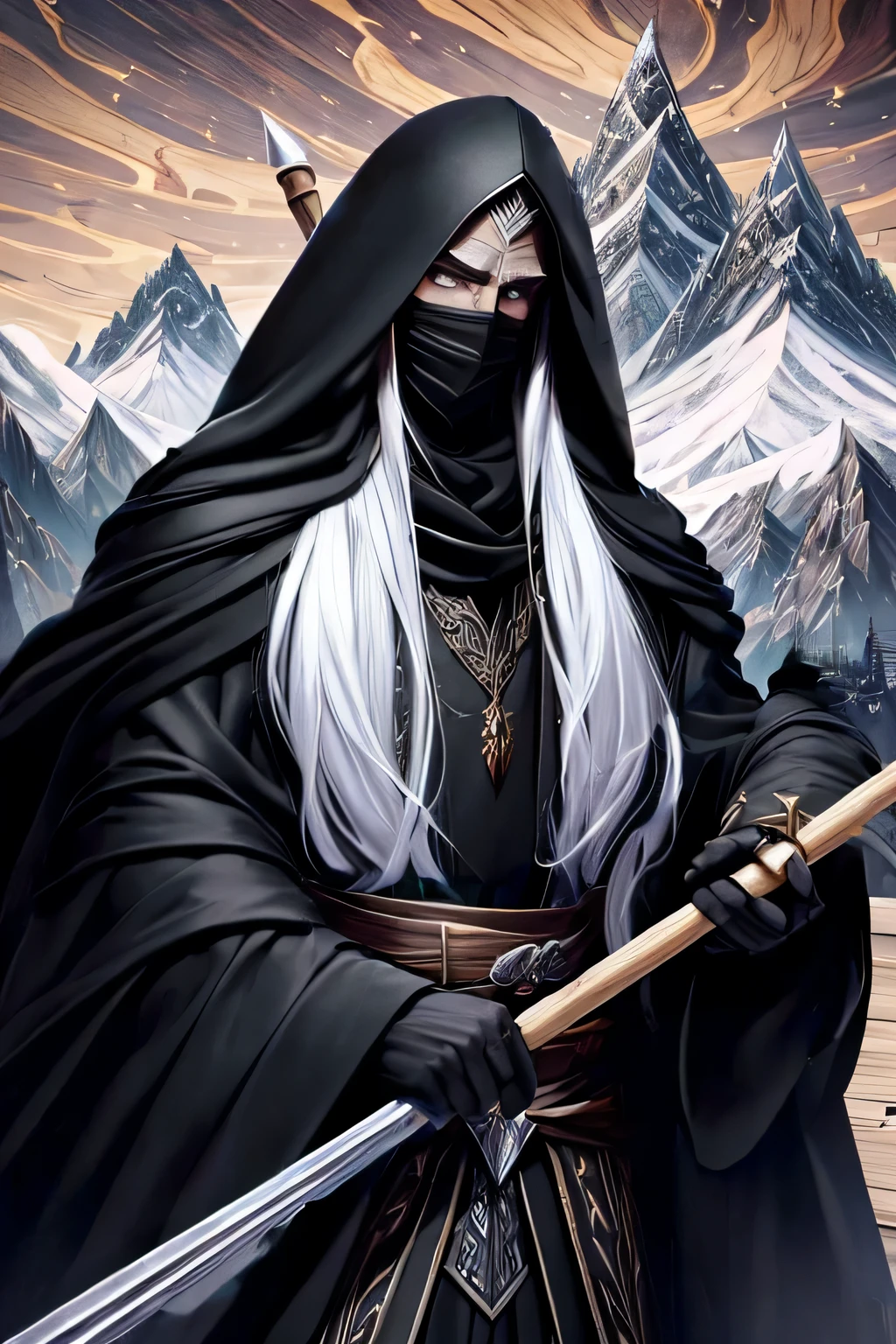 ((masterpiece)), (Best quality),, ((Elf Man)), Wizard, in a black hood, wearing a black mask, long hair, silver eyes, White hair, full length, The Black Mantle, Black Robe, (((Wooden Staff))), mountains in the background
