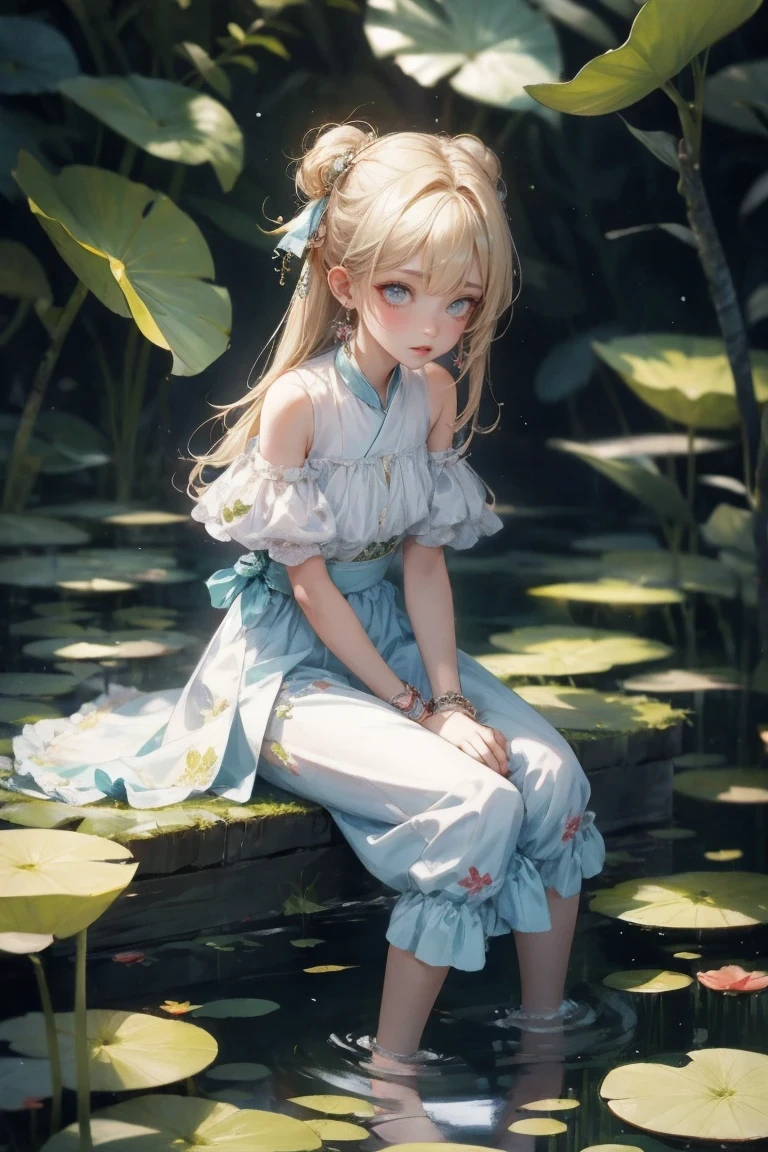 There is a girl sitting on a leaf, (White clothes), Fresh color scheme, There is a stuffed toy, Gouves style artwork, Popular on CGSTATION, illustration：Li Song, soft animation, Lying on a lily pad, sitting on lotus, Lovely and detailed digital art, Lovely art style, in the pond, Yang Jian, cute digital art, Gurwitz, sitting by the pond