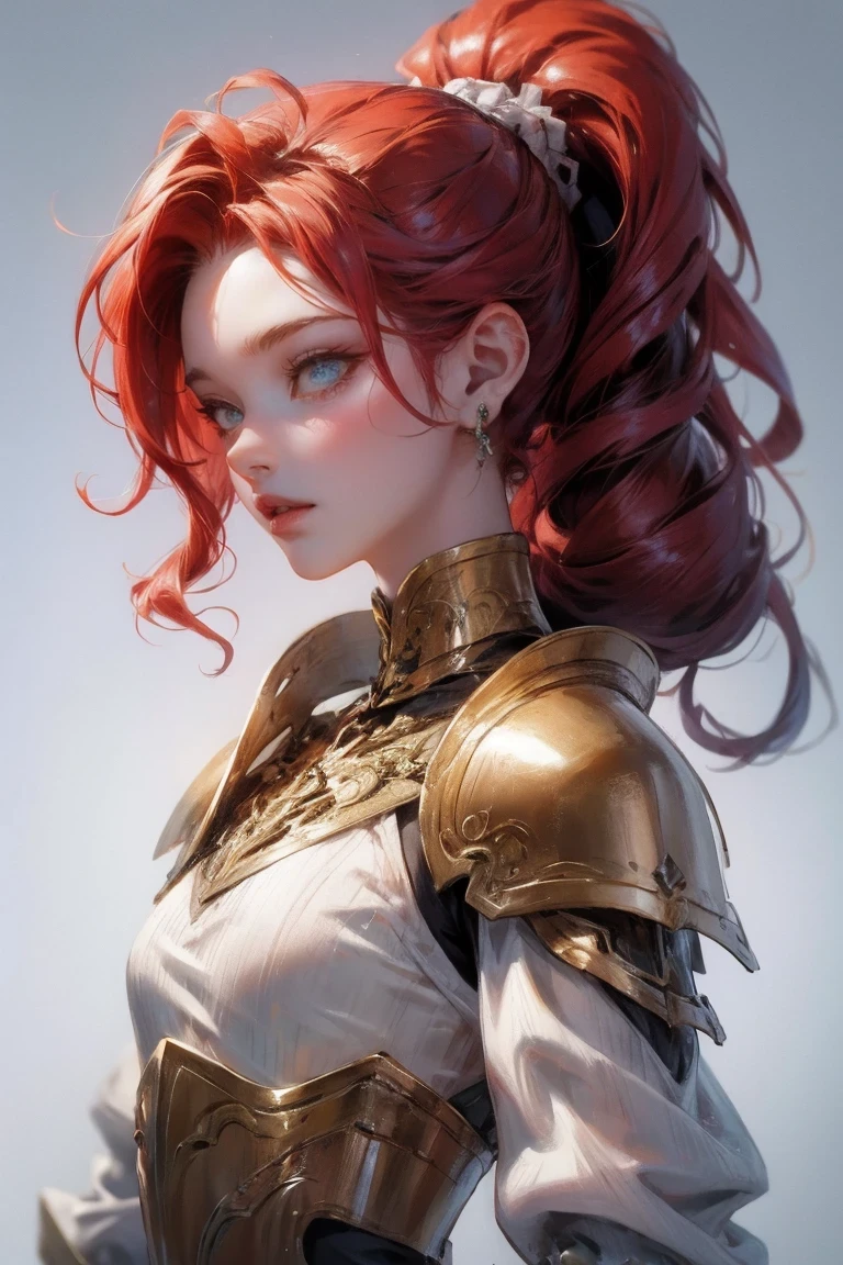 (8K, original photo, best quality, masterpiece:1.2), (actual, photo-actual:1.4), (extremely detailed CG unity 8K wallpaper), a complete body (rogue:1.1) woman wearing gold jewelry (leather armor:1.3), Sew worn armor, (extremely detailed:1.5), gold and (white:1.5), concept art portrait of greg rutkowski, type germ, Super detailed gothic art trends on Artstation, fantastic, intricate details, (Small blue dots:1), (redhead, curls, high ponytail: 1.4)