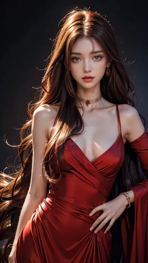 8k, ultra hd, masterpiece, 1 girl, detailed face, detailed eyes, very long hair, red hair, shining dress, red dress, strap dress...