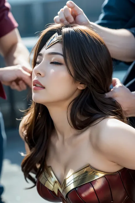 from the side,perfect wonder woman costume,crawl on all fours,sleeping face,Close ~ eyes,open your mouth,tired face,face of suffering,sky face,sleeping face,fight the men,surrounded by men,,caught between men,being tackled by men,Intertwining with men, Att...