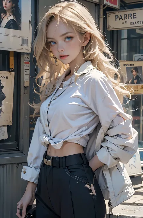 Photo of a beautiful blonde caucasian woman standing on a street corner, Perfect model body shape, Stylish pants style, colorful...
