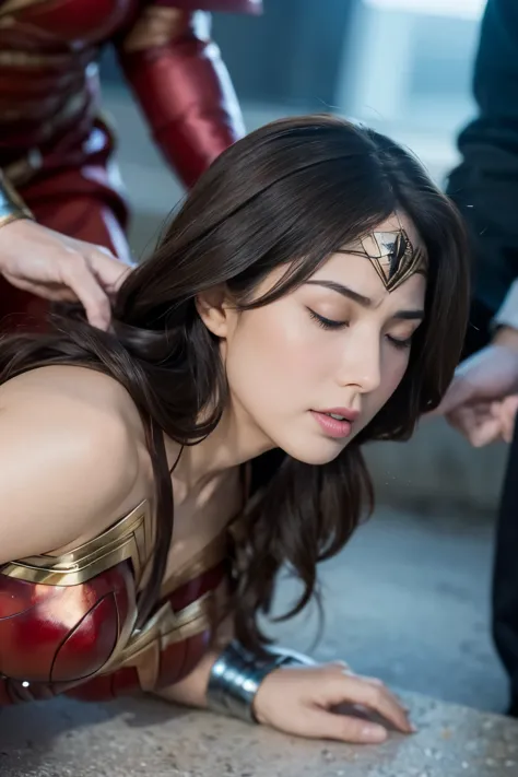 from the side,perfect wonder woman costume,crawl on all fours,sleeping face,Close ~ eyes,open your mouth,tired face,face of suffering,sky face,sleeping face,fight the men,surrounded by men,,caught between men,being tackled by men,Intertwining with men, Att...