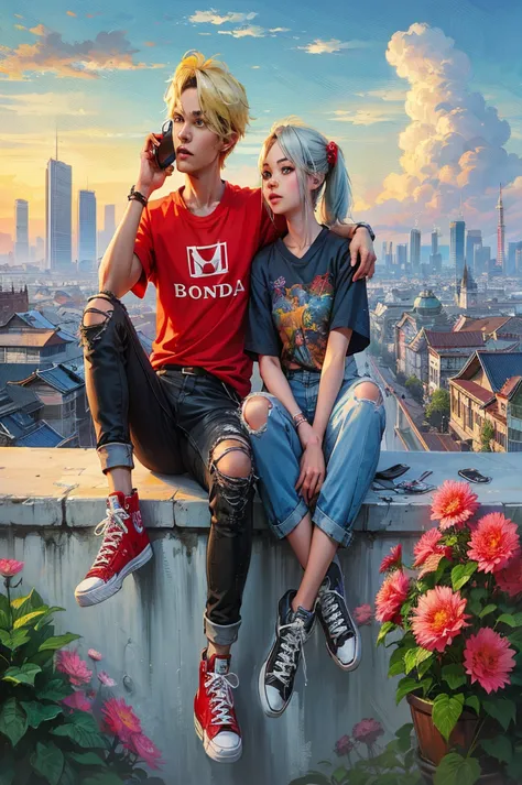 they are sitting on a ledge with a city in the background, artwork in the style of guweiz, loish and ross tran, guweiz, album ar...