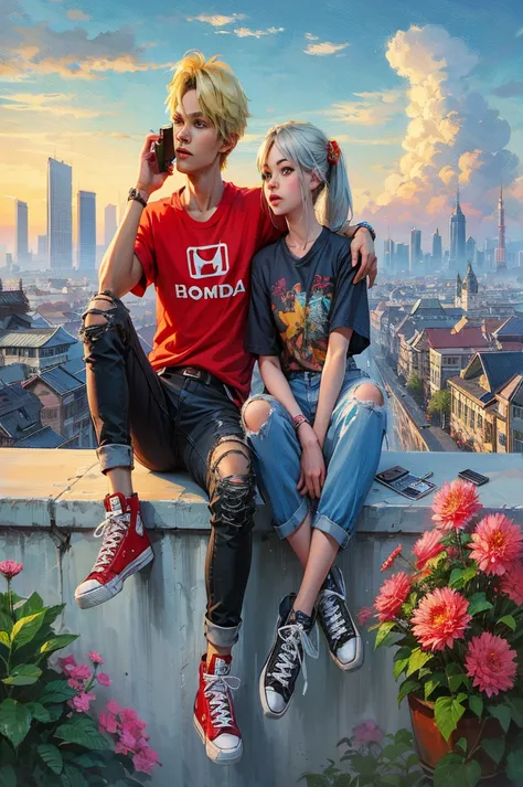 they are sitting on a ledge with a city in the background, artwork in the style of guweiz, loish and ross tran, guweiz, album ar...