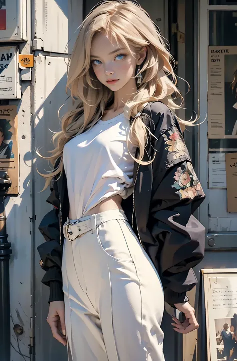Photo of a beautiful blonde caucasian woman standing on a street corner, Perfect model body shape, Stylish pants style, colorful...