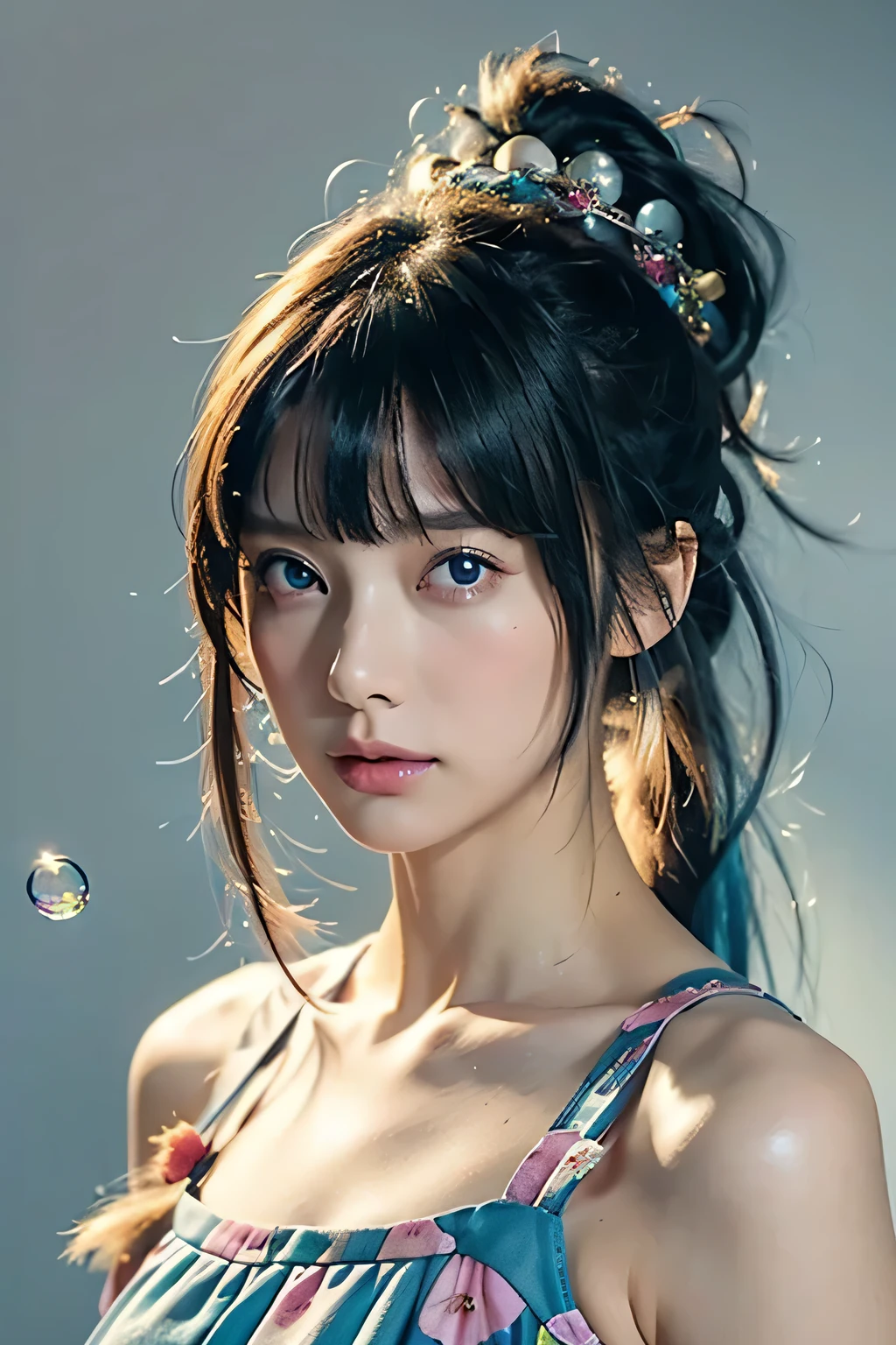 (masterpiece), (highest quality), (super detailed),(messy hair),(figure), (1 girl), (fashionable clothes), Are standing, Fashion Model, looking at the viewer, (interview), (simple background),detailed and beautiful eyes, delicate beautiful face, floating,(high color saturation),(colorful splashes),colorful bubble,(shining), focus on face, ponytail, kamisato ayaka, light blue hair, bangs, hair ring, floating flowers, floating hair, (shining), best writing, best shadow,high nose、no makeup、（narrow eyes）、intellectual