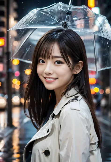 (((Rainy City:1.3, outdoor, Photographed from the front))), ((long hair:1.3,umbrella,trench coat,japanese woman,Smile,cute)), (c...