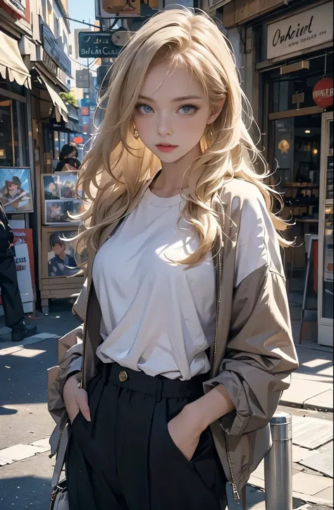 Photo of a beautiful blonde caucasian woman standing on a street corner, Perfect model body shape, Stylish pants style, Stylish ...