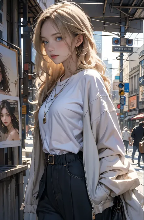Photo of a beautiful blonde caucasian woman standing on a street corner, Perfect model body shape, Stylish pants style, Stylish ...