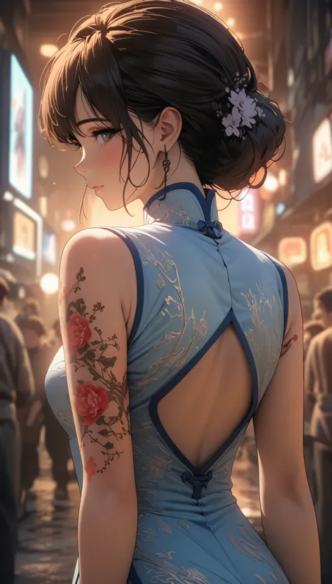 official art, unified 8k wallpaper, Super detailed, Beautiful and beautiful, masterpiece, best quality,sleeveless cheongsam，Beauty close-up，Turn your back to me，Look back at me，Flower tattoo on arm，Hojoji manga art style，Neon special effects，movie lighting...