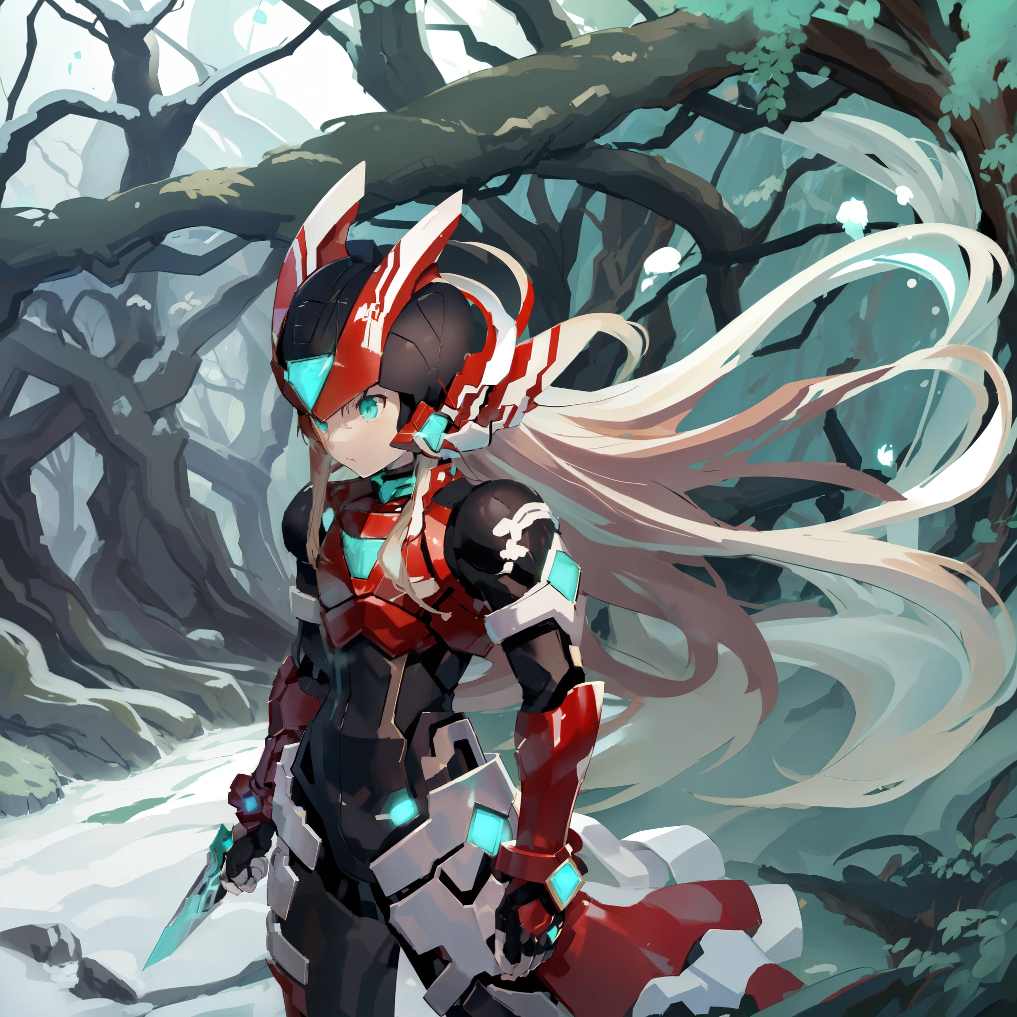 megzeromyth2023, 1boy, long white hair, red armor, green energy sword, high quality, masterpiece, in a dark forest looking out at a waterfall, in the style of ultra detailed, dark cyan and light bronze, eye-catching tags, physically based rendering, depictions of inclement weather, heavy shading, landscape inspirations