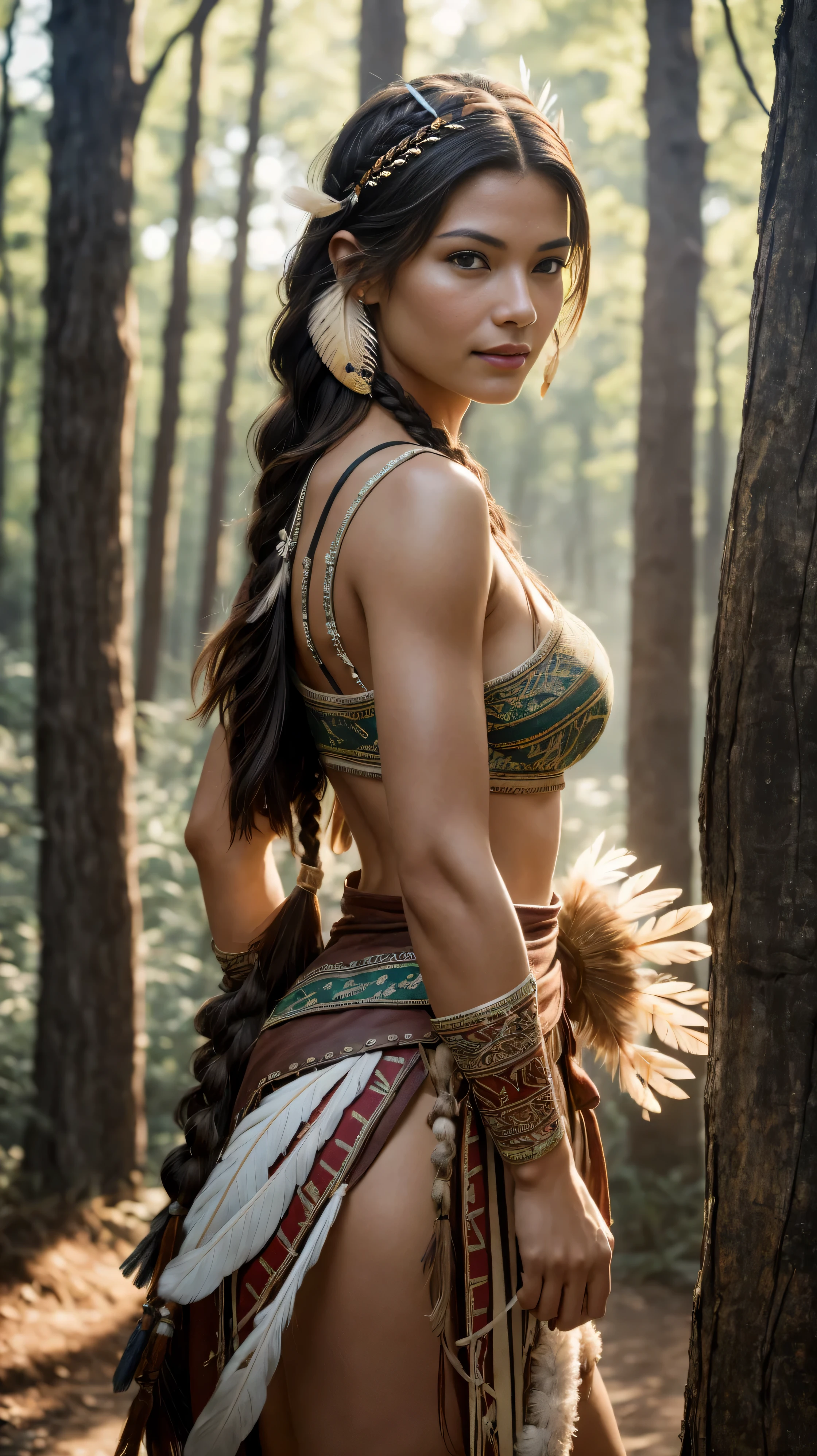 ((masterpiece)), ((best quality)), ((highres)), extremely detailed)), a beautiful 40-year-old Native American woman (Grace Kelly:Milla Jovovich:0.5), Pocahontas, full body shot, medium breasts, (super realistic), (peerless beauty), detailed skin texture, detailed cloth texture, beautiful detailed face, intricate details, ultra detailed, indigenous feather jewelry, feather headdress, traditional handmade green bra and dress, armed female hunter warrior, (((wild west))) environment, smile, in the village, ((surrounded by people)), ((dance pose)) back to the camera, ultra realistic, concept art, elegant, ((intricate)), ((highly detailed)), depth of field, ((professionally color graded)), soft ambient lighting, dusk, (Best quality, A high resolution, Photorealistic, primitive, 8K,Masterpiece), filmgrain, bokeh:1.2, Lens flare, (vivd colour:1.2)
