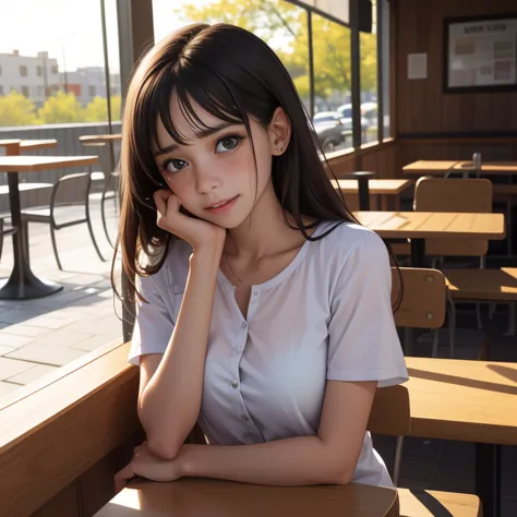 a cute girl sobbing because she just got dumped by her boyfriend. tears on cheeks. full body shot. sitting at a cafe. big breast...