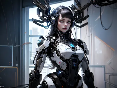 top quality, future world, a beautiful woman combined with a cutting-edge robot, transformed into a cyborg except for the face a...