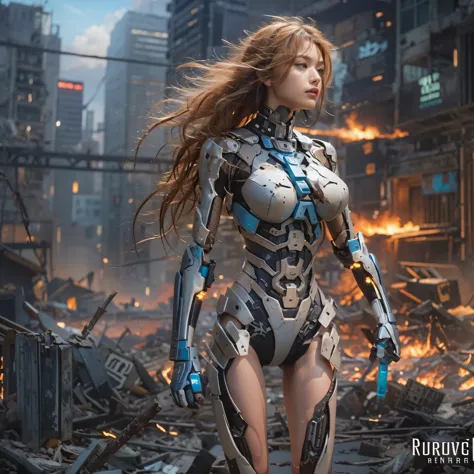 （A young, beautiful woman with the power of lightning、Multiple robots of invaders destroying the city inside the woman）、SF、The s...