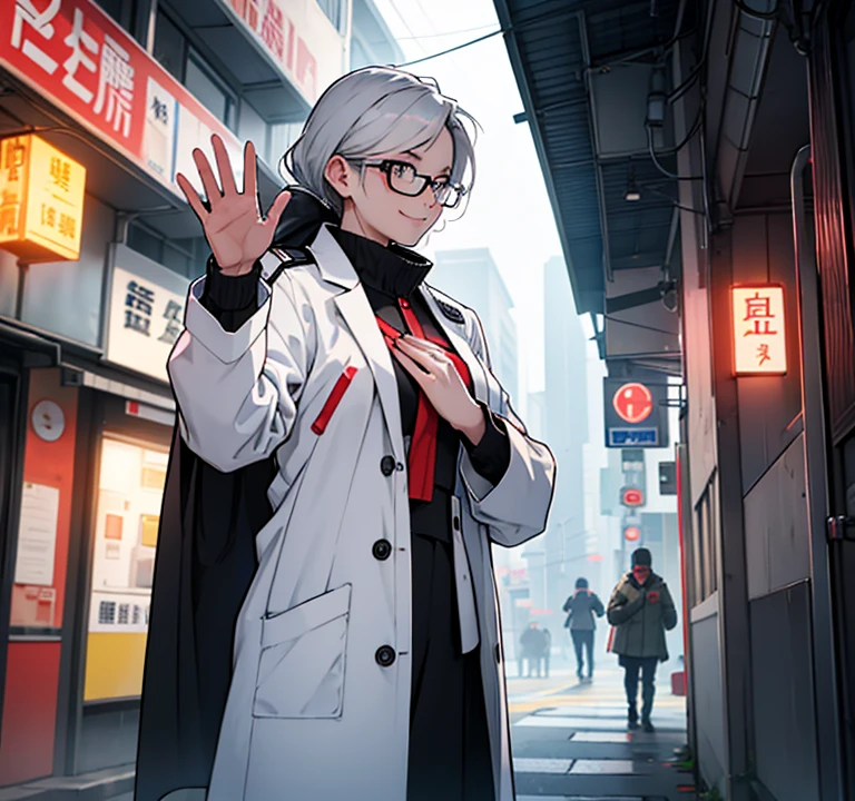 The mother of an emergency worker, wearing black-rimmed glasses and a white coat, smiles and fights back tears.、Waving at me　It was evening and I was standing a little far away.