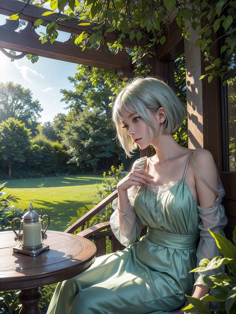 masterpiece, best quality,ultra-detailed,hyper details, cinematic light,, 1girl, solo, sit, outdoor, summerhouse, sitting in the summerhouse,  plants, table, chandelier, candle, wind, green eyes, pan-green silver hair, short hair, floating hair, light, light frown, profile,looking at viewer, dynamic_angle