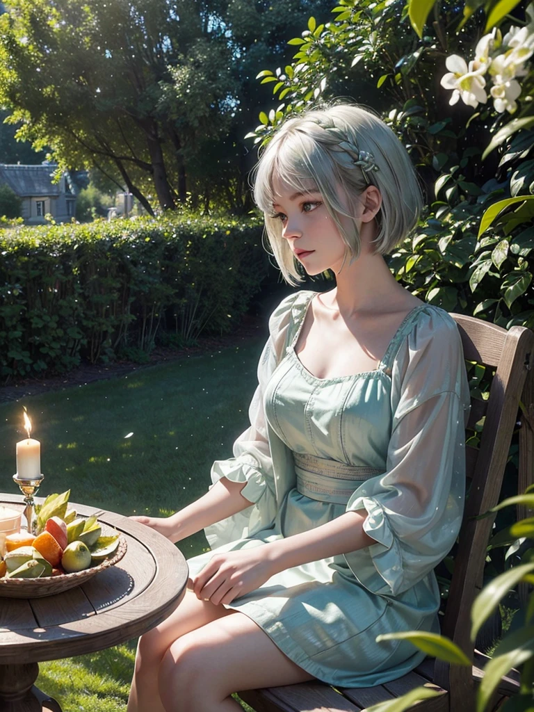 masterpiece, best quality,ultra-detailed,hyper details, cinematic light,, 1girl, solo, sit, outdoor, summerhouse, sitting in the summerhouse,  plants, table, chandelier, candle, wind, green eyes, pan-green silver hair, short hair, floating hair, light, light frown, profile,looking at viewer, dynamic_angle