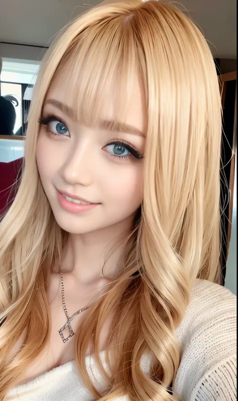 A beautiful woman with long blonde hair and long eyelashes.、flowing long hair、nice soft lighting、gal、harajuku style、wheatish healthy skin tone、After sunburn、perfect slender proportions、濃いgalメイク、Almost naked sexy pose、very fine eyes