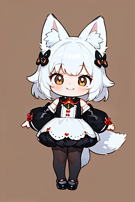 A girl with impressive white hair、Fox ears and tail、Hair Ornament、Black pantyhose、No sleeve、smile、cute shoes with accessories