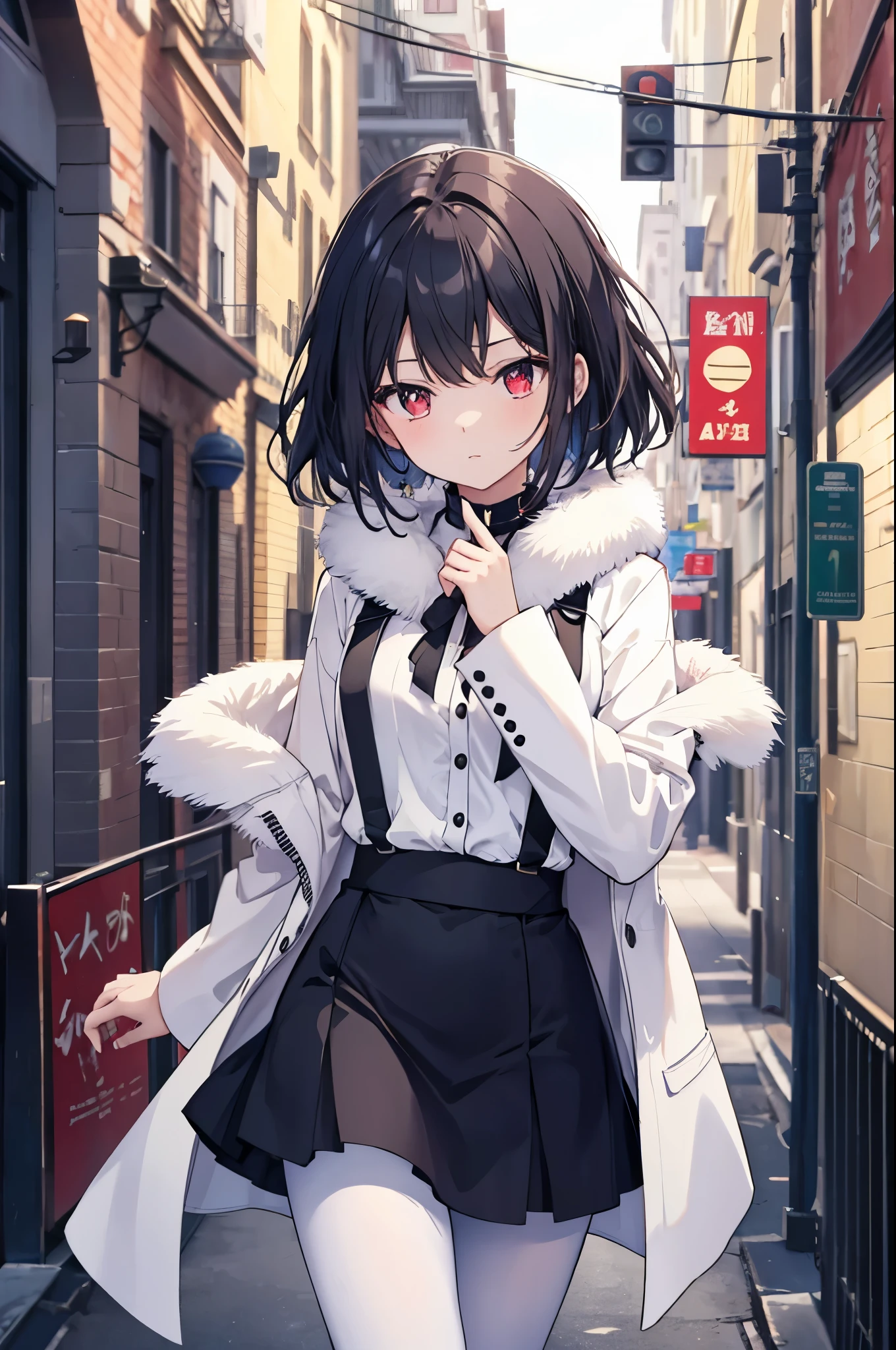 a girl，Slim girl figure，black hair，red eyes，There are highlights in the eyes，female face，female hands，white little hands，human finger，Small breasts，Bad milk，Wearing a fur collar coat，Wearing a short black skirt，Wearing white pantyhose，masterpiece，Exquisite and delicate的二次元精美画风，Exquisite and delicate，8K high quality，CG wallpaper，HD，solo，Standing in an alley in the city