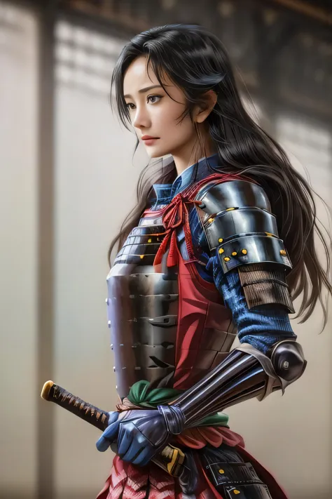 a close up of a woman in armor holding a sword