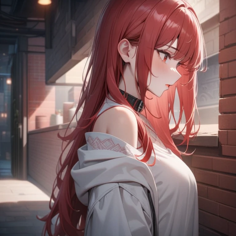 Hyper-realistic 8K CG, masterpiece, ((Super detailed background, Exquisite pattern, intricate details)), best quality, intricate detailss, Color difference, 1 girl, long hair, red hair, messy hair, red highlights, sharp vision, collar, brick wall, doodle, dim lights, alley, oversized hoodie ,Off the shoulders, see through white shirt, masterpiece, best quality