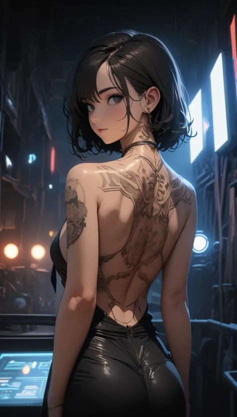 official art, unified 8k wallpaper, Super detailed, Beautiful and beautiful, masterpiece, best quality,，Low cut clothing，Beauty close-up，back，look back，tattoo艺术，tattoo，全身tattoo，full body portrait，Hojoji manga art style，Neon special effects，movie lighting，8...
