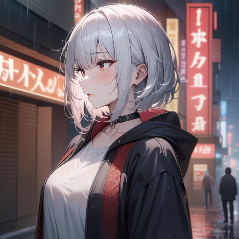 Hyper-realistic 8K CG, masterpiece, ((Super detailed background, Exquisite pattern, intricate details)), best quality, intricate detailss, Color difference, 1 girl, short hair, white hair, messy hair, red highlights, sharp vision, collar, brick wall, neon lights , rain, night, dim lights, Tokyo Street , oversized black hoodie , see through white shirt, masterpiece, best quality