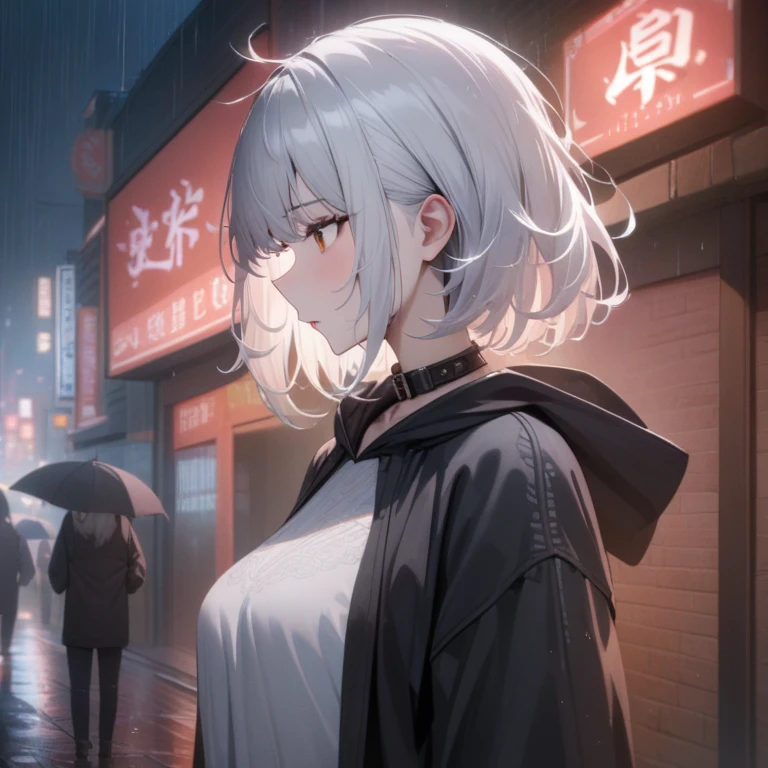 Hyper-realistic 8K CG, masterpiece, ((Super detailed background, Exquisite pattern, intricate details)), best quality, intricate detailss, Color difference, 1 girl, short hair, white hair, messy hair, red highlights, sharp vision, collar, brick wall, neon lights , rain, night, dim lights, Tokyo Street , oversized black hoodie , see through white shirt, masterpiece, best quality