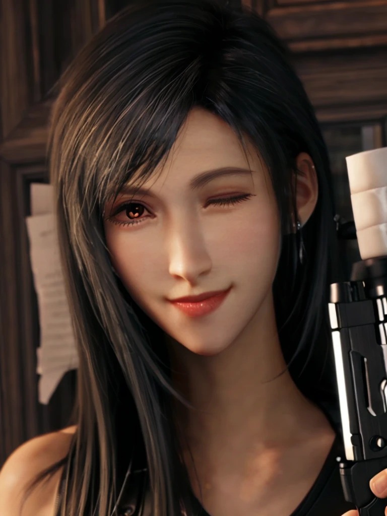 (best quality, masterpiece, HDR, UHD, 8K, vibrant colors, extreme detail description, professional:1.1), (pale skin, flawless complexion, red irises, thin lips, slim mouth, long hair: 1.1), 1 girl, looking at the viewer, (captivating smile:1.4), Tifa, tilting her head, (one eye:1.2) closed, (holding a pistol, aiming at the viewer:1.1)