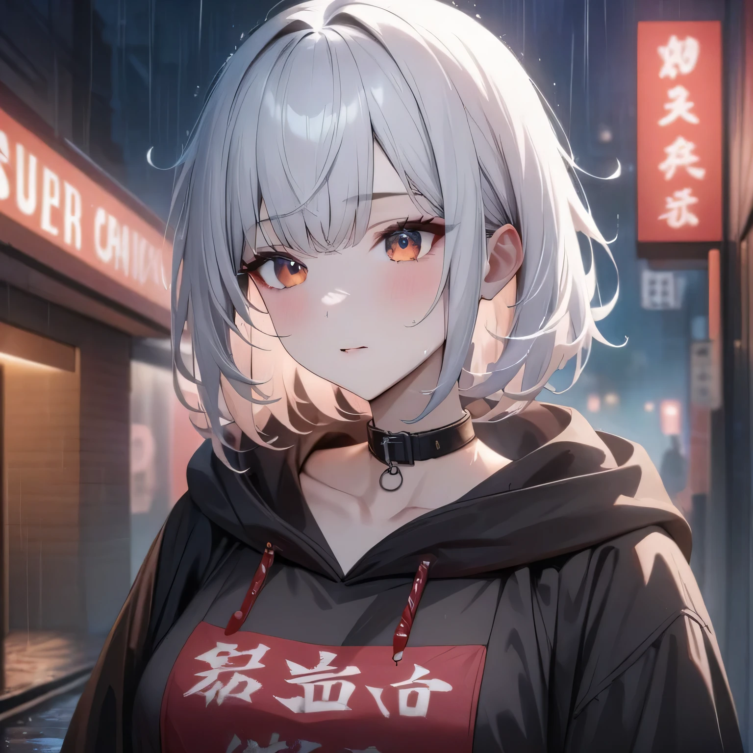 Hyper-realistic 8K CG, masterpiece, ((Super detailed background, Exquisite pattern, intricate details)), best quality, intricate detailss, Color difference, 1 girl, short hair, white hair, messy hair, red highlights, sharp vision, collar, brick wall, neon lights , rain, night, dim lights, Tokyo Street , oversized black hoodie , see through white shirt, masterpiece, best quality