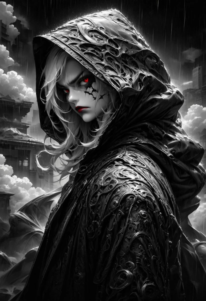 long white hair, red eyes, red lips,serious expression, strong dark makeup, sharp chin, extreme detailed skin BREAK black leather coat with hood, hood up, detailed clothes texture, BREAK, looking away, clouds, rain, modern city background, detailed background, face closeup, from side, (monochrome, greyscale, black and white, high contrast:1.2), (masterpiece, best quality, perfect composition, very aesthetic, absurdres, ultra-detailed, intricate details, Professional, official art, Representative work:1.3)