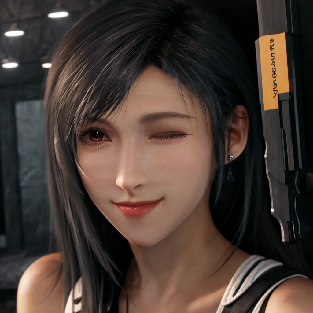 (best quality, masterpiece, HDR, UHD, 8K, vibrant colors, extreme detail description, professional:1.1), (pale skin, flawless complexion, red irises, thin lips, slim mouth, long hair: 1.1), 1 girl, looking at the viewer, (captivating smile:1.4), Tifa, tilting her head, (one eye:1.2) closed, (holding a pistol, aiming at the viewer:1.1)