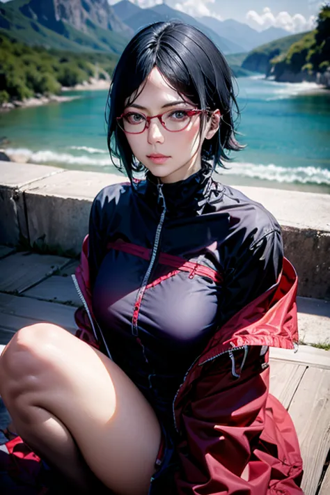 1girl, uchiha sarada, wearing red glasses, black hair, black eyes, high res, hyper realistis, ultra detail