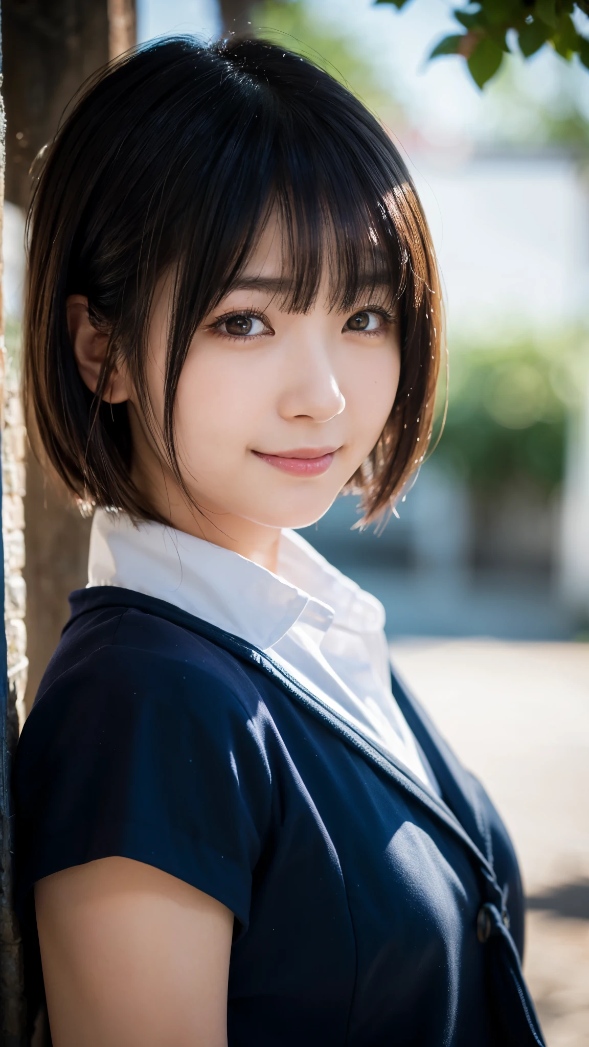 (highest quality,masterpiece:1.3,ultra high resolution),(Super detailed,caustics,8k),(photorealistic:1.4,RAW shooting),1 girl,18-year-old,cute,Japanese,black short bob,(school uniform),(Looking at me with a smile),morning,blue sky,sun,Natural light,school playground,(front shot),face focus,face close up,bust up shot,low position,Low - Angle,Backlight,Lens flare