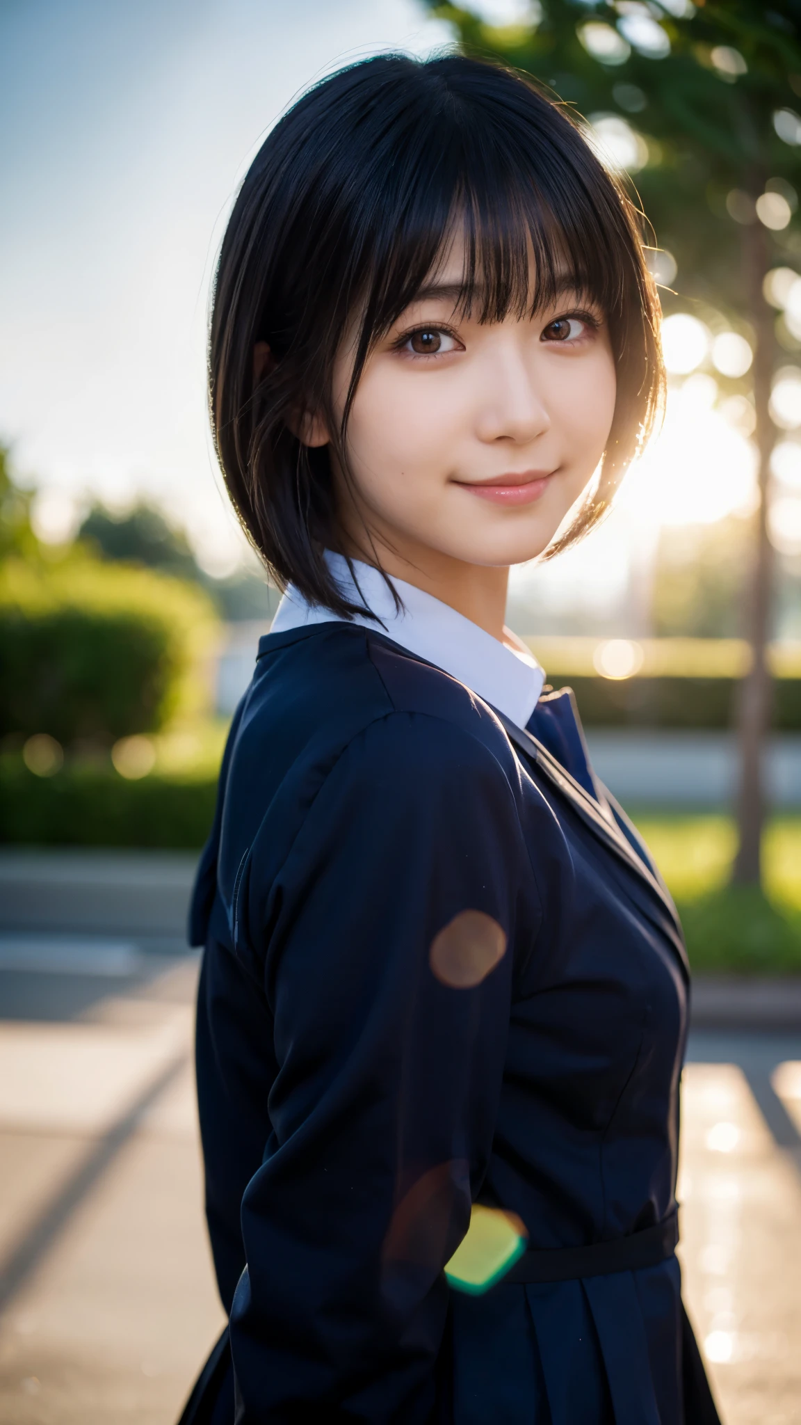 (highest quality,masterpiece:1.3,ultra high resolution),(Super detailed,caustics,8k),(photorealistic:1.4,RAW shooting),1 girl,face forward,18-year-old,cute,Japanese,black short bob,(school uniform),(smile),(stare at the camera),morning,blue sky,sun,Natural light,school playground,(front shot),(bust up shot),(Backlight),Lens flare