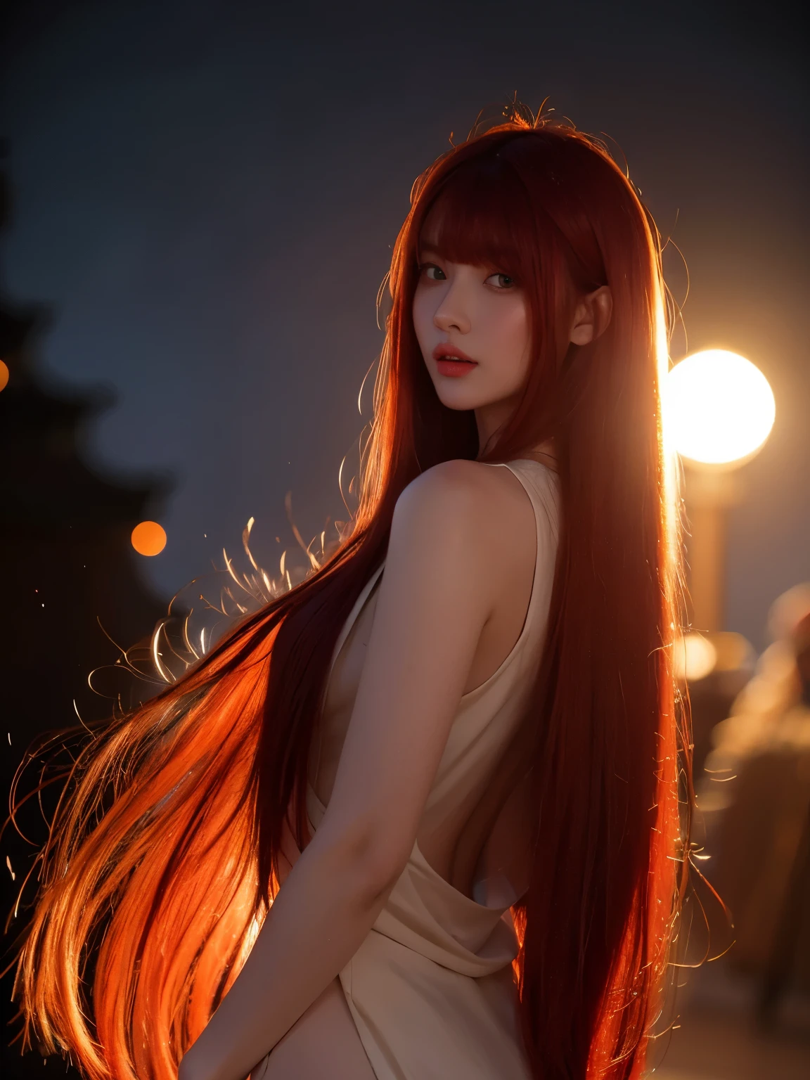 red hair, blunt bangs, bangs, long hair, hair spread out, straight hair, shiny hair, glowing eyes, longeyelashes, amber eyes, makeup, blush, fangs, hood, absurdly long hair, Surrealism, chiaroscuro, cinematic lighting, silhouette, drop shadow, backlighting, UHD, masterpiece, anatomically correct, super detail, highres, best quality