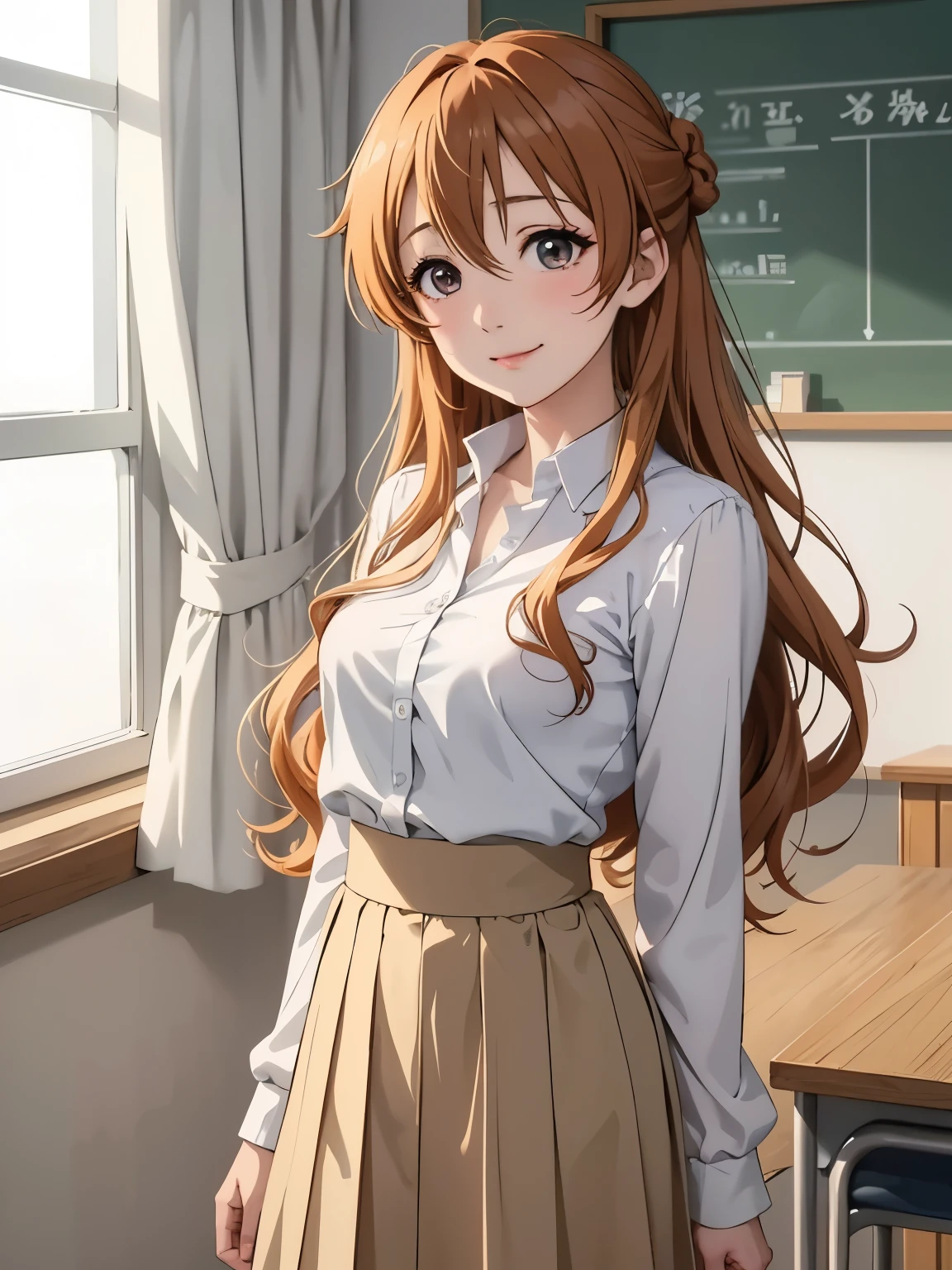 anime illustration style、closed mouth、kanata_konoe、 smile、A cute girl no matter who you look at、1 girl, alone, long hair,white shirt, pleated skirt, Natural light, soft lighting,, volume lighting, indoors, classroom, highly detailed background,cowboy shot、Overall view、Absolute reference to center、