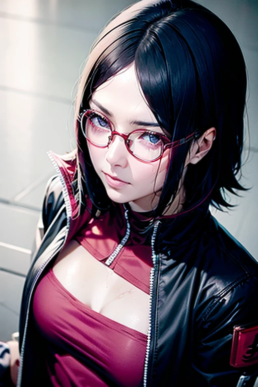 1girl, uchiha sarada, wearing red glasses, black hair, black eyes, full body, high res, hyper realistic, ultra detail