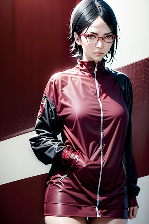 1 chica, uchiha sarada, usando lentes rojos, pelo negro, ojos negros, cuerpo completo, alta resolución, Híper realista, ultra detalle