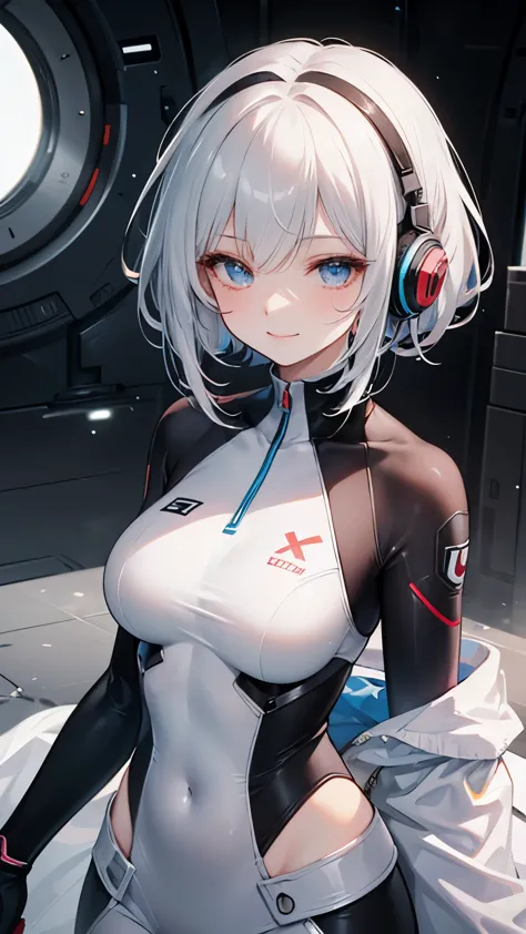 A beautiful silver-haired girl wearing headphones, a sci-fi action set on Mars in the 2500s, a body suit with a black base that ...